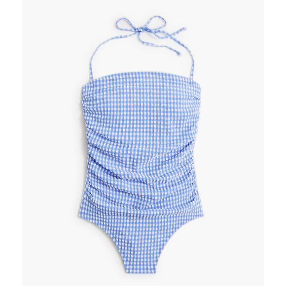 J.Crew Strapless Seersucker Halter One-Piece Swimsuit WMNS S Blue White Gingham - Picture 3 of 11